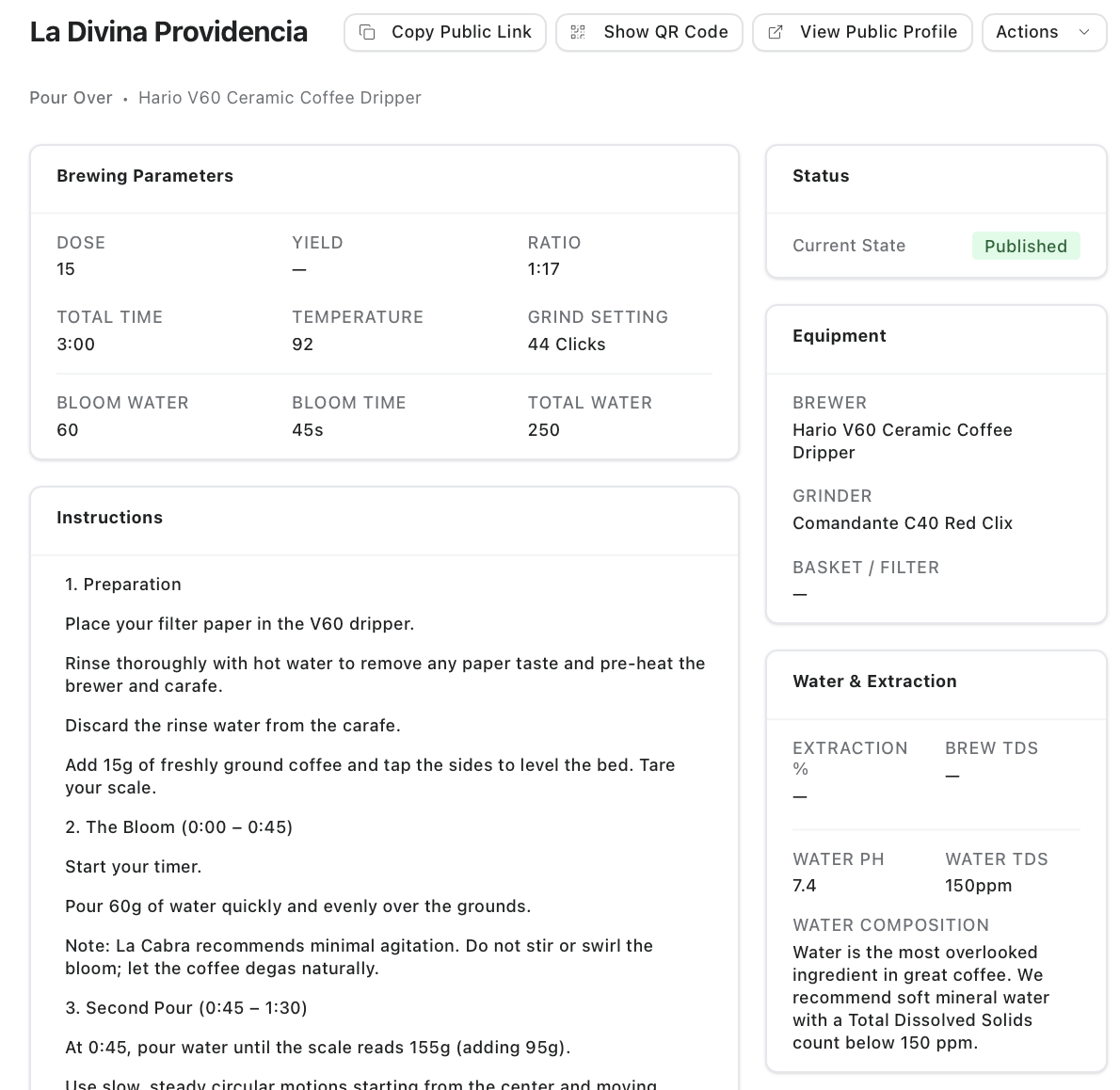BaseBrew dashboard showing coffee recipe management with brewing parameters, QR codes, and shareable links